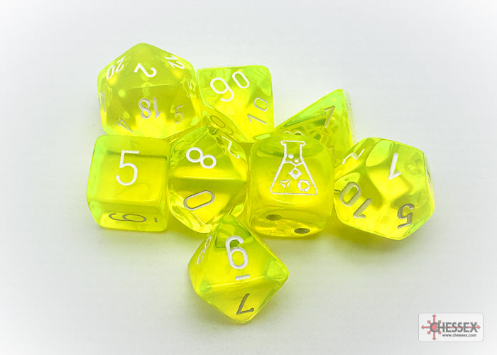 Translucent Neon Yellow/white Polyhedral 7-Die Set (with bonus die)