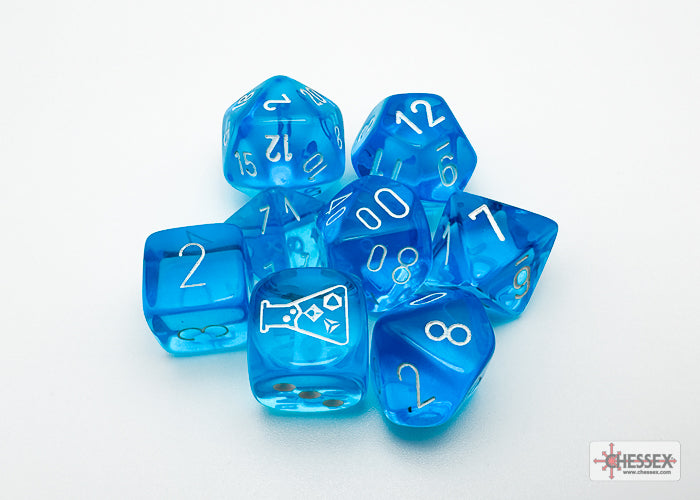 Translucent Tropical Blue/white Polyhedral 7-Die Set (with bonus die)