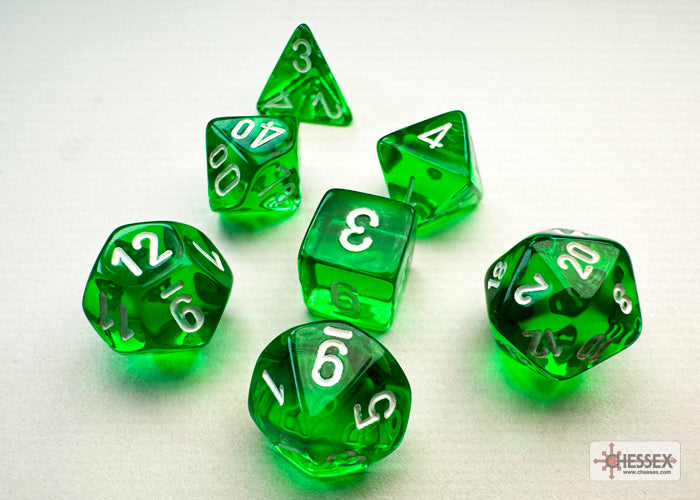 Translucent Green/white Mini-Polyhedral 7-Die Set
