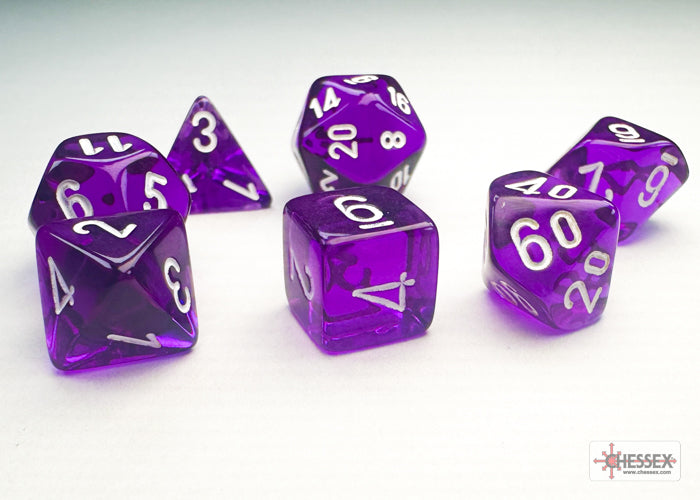 Translucent Purple/white Mini-Polyhedral 7-Die Set