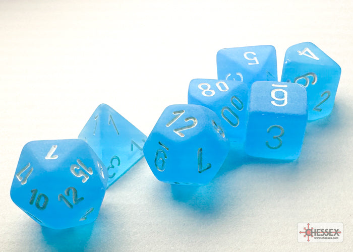 Frosted Caribbean Blue/white Mini-Polyhedral 7-Die Set