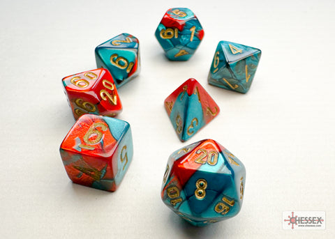 Gemini Red-Teal/gold Mini-Polyhedral 7-Die Set