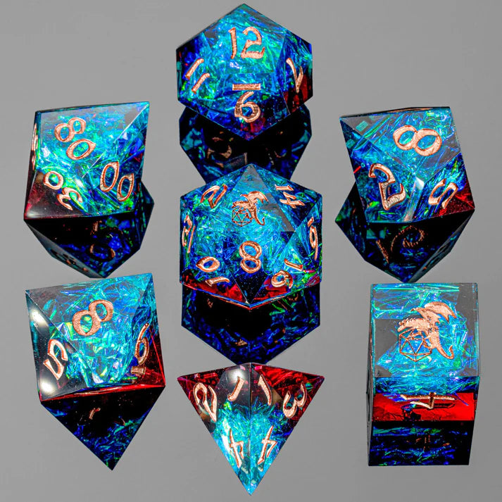 7 pcs RPG Dice Set - Captured Magic Sharp Resin - Blue & Red