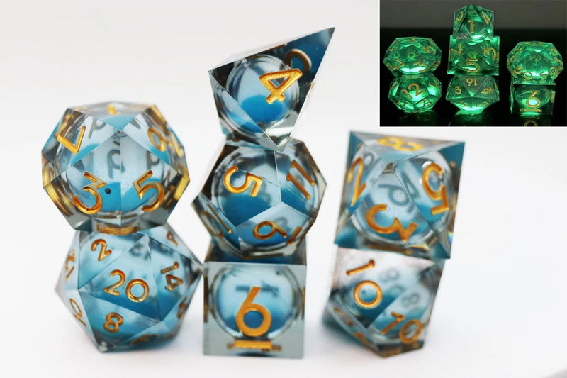 Sharp Edge Glow in the Dark Liquid Core RPG Dice Set - Blue Specter