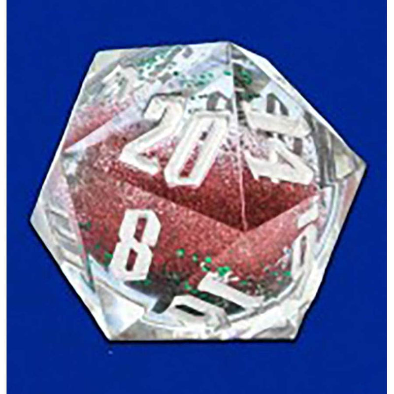 D20 Snowglobe Large: Silver Ink with Red and Green Glitter and Silver Snowflakes