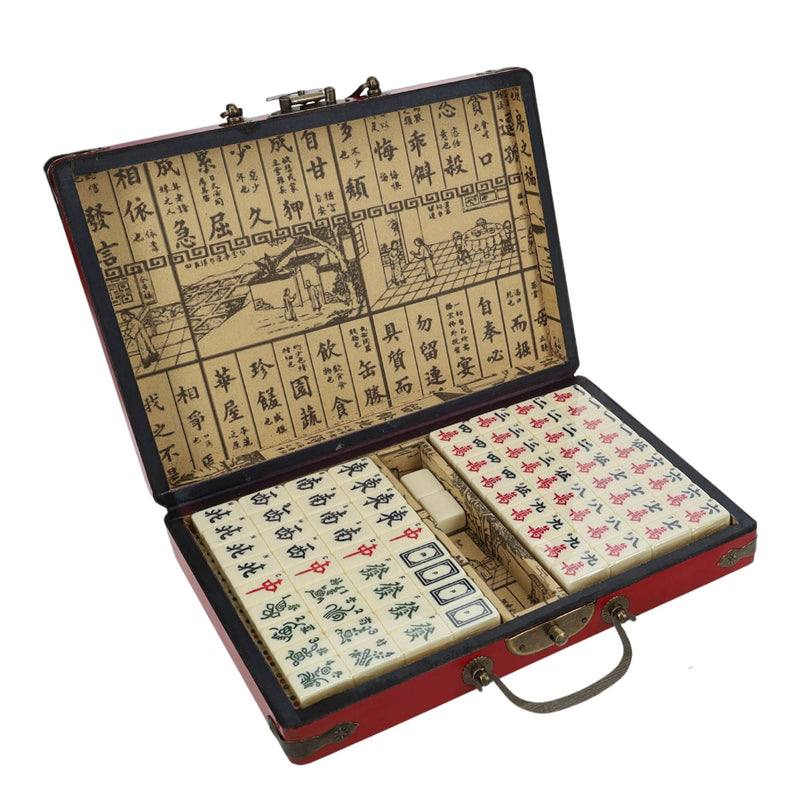 Traditional Chinese Mahjong Set Travel Size - Red Leatherette Case