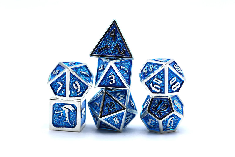 Solid Metal Draconis Dice set - Silver w/ Blue