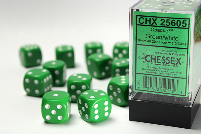 16mm Dice Block: Opaque: Green/ White (12d6)