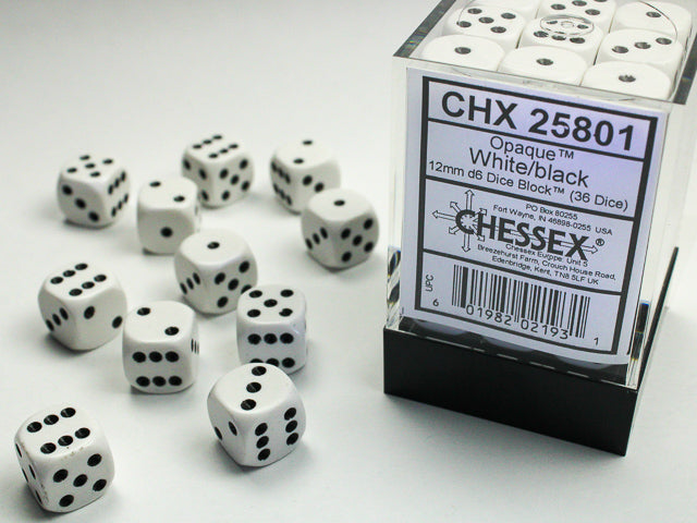 12mm Dice Block Opaque: White/ Black (36d6)