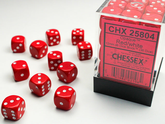 12mm Dice Block Opaque: Red/ White (36d6)