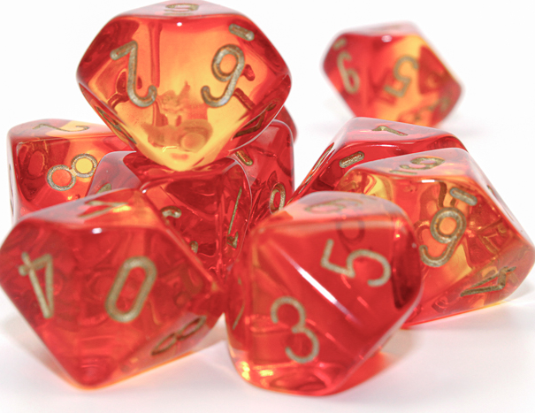 Set of 10 d10s: Gemini Translucent Red-Yellow/gold