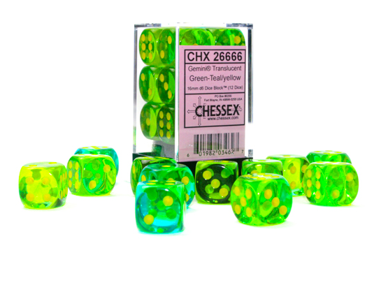16mm Dice Block Gemini Translucent: Green-Teal/ Yellow (12d6)