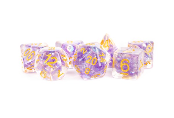 16mm Polyhedral Dice Set: Resin Pearl - Purple with Gold Numbers