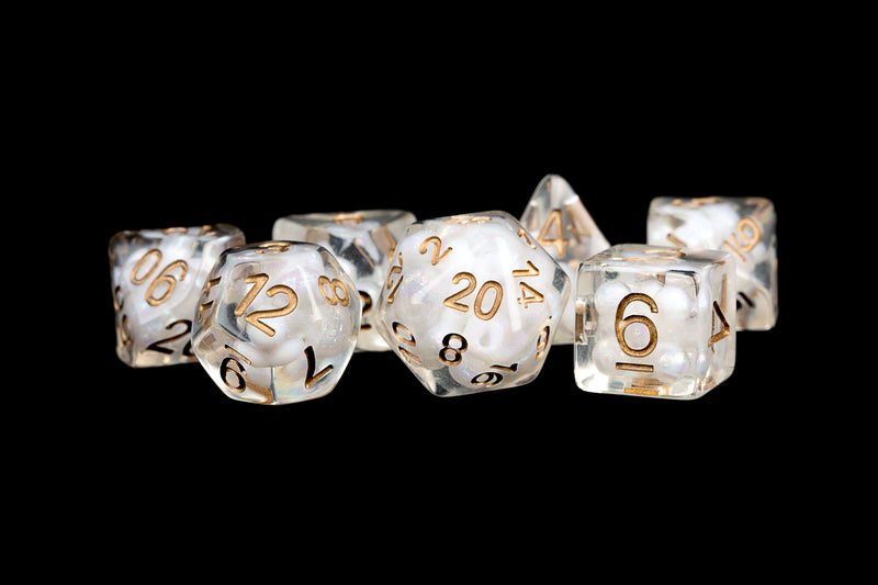 16mm Polyhedral Dice Set: Resin Pearl - Copper Numbers