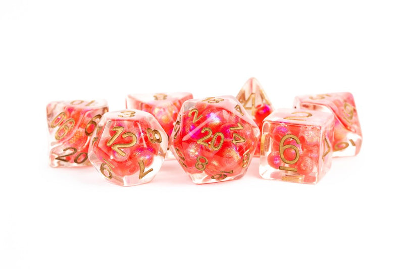 16mm Polyhedral Dice Set: Resin Pearl - Red with Copper Numbers