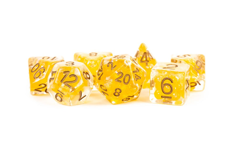 16mm Polyhedral Dice Set: Resin Pearl - Citrine with Copper Numbers