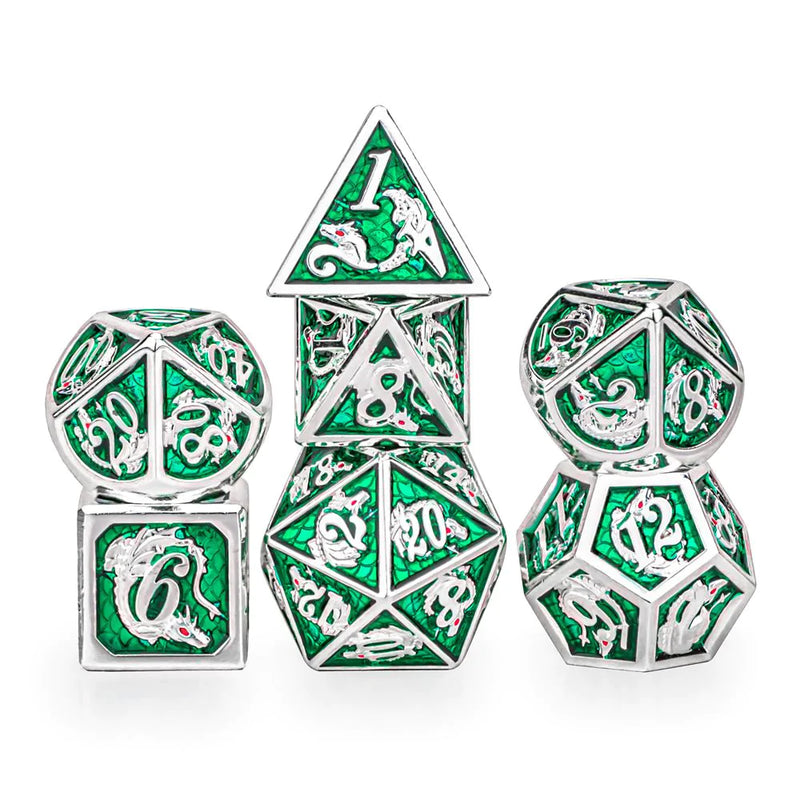 Silver with Green Solid Metal Dragon Polyhedral Dice Set