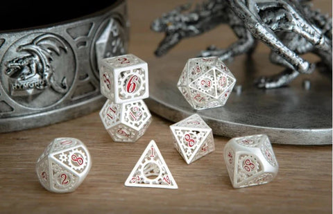 Matte Silver with Red Enamel Hollow Metal Gears of Providence Polyhedral Dice Set