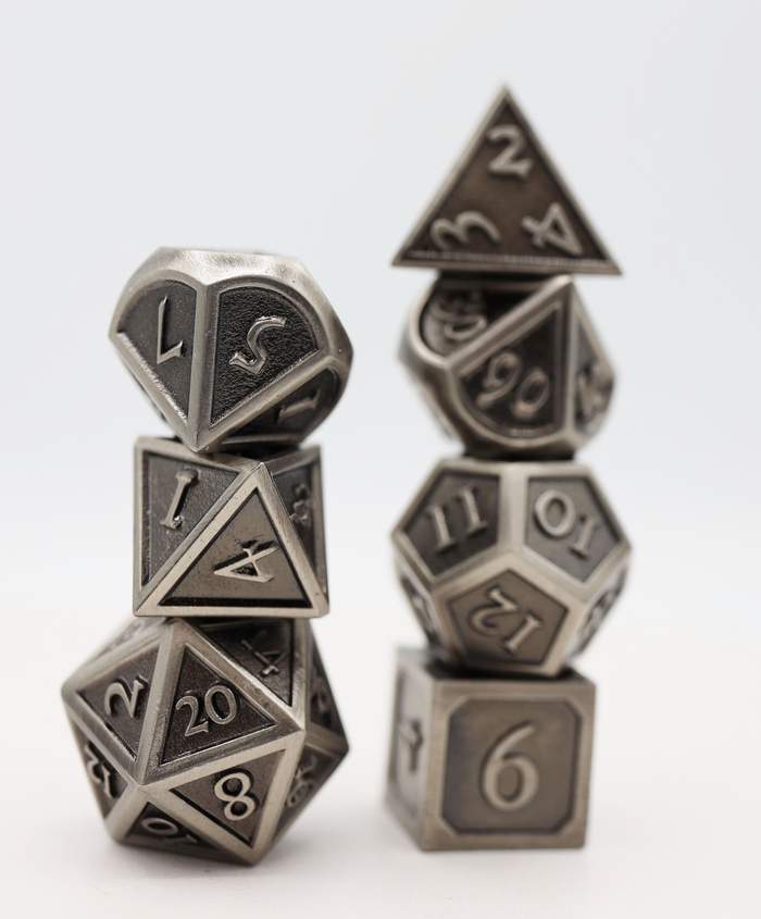 16mm Metal Polyhedral Dice Set - Embossed Antique Silver