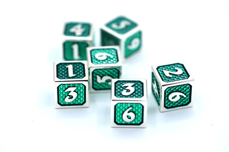 Solid Metal Behemoth Six D6 Dice set - Silver and Green