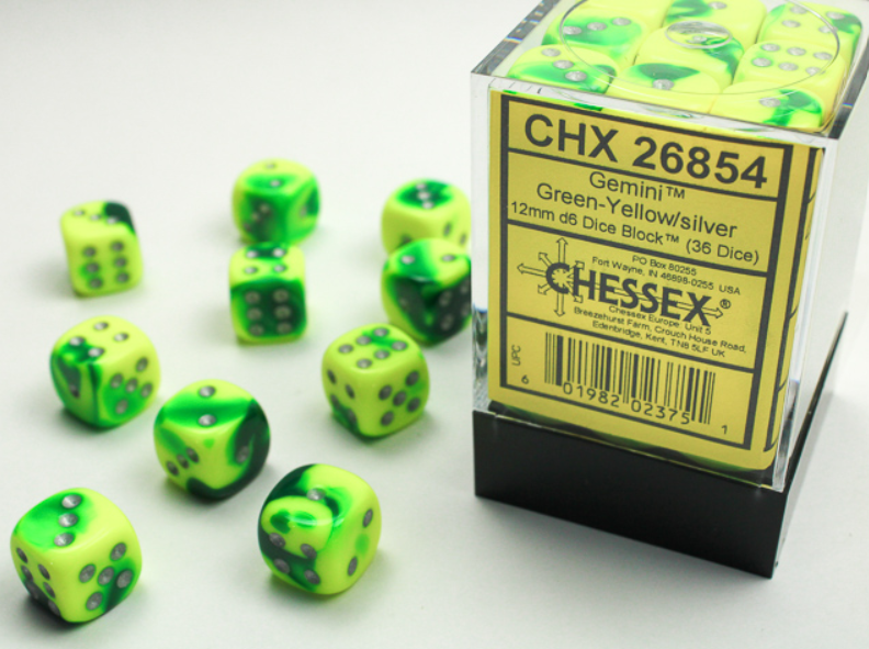 12mm Dice Block Gemini: Green-Yellow/ Silver (36d6)