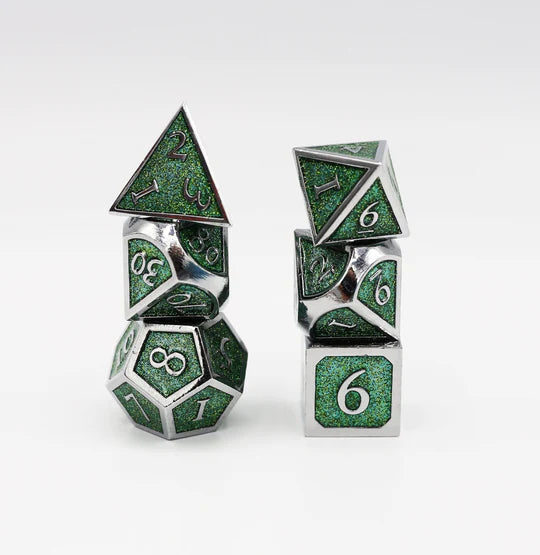 16mm Metal Polyhedral Dice Set - Silver with Emerald Glitter